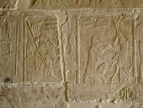 A relief in the tomb of Kagemni depicting a man butchering an animal, perhaps an antelope