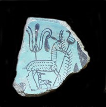 A pottery sherd with a design of a gazelle or possibly an oryx suckling its young
