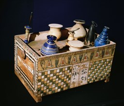 Decorated box of flasks and jars holding fragrances and cosmetics from the tomb of Merit, wife of royal architect Ka