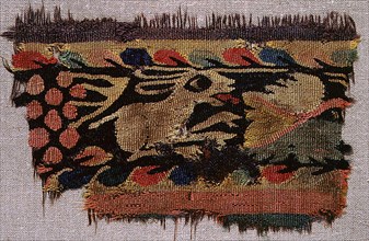 Textile with depiction of hare in vineyard