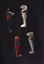 Glass furniture inlays depicting the Horus, Anubis, Osiris, and an unidentified deity