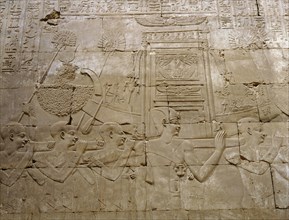 A relief in the Hypostyle Hall at Edfu depicting the procession of the sacred barque