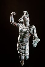 Miniature bronze figure of Hermanubis, a jackal headed deity wearing a cuirass and tunic