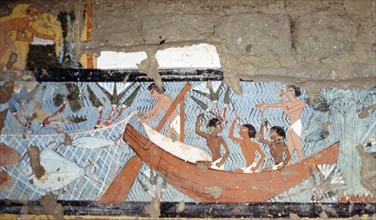 A detail of a painting in the tomb of Ipy depicting fishermen casting their net