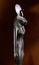 Bronze figure of the lion headed goddess Sekhmet with sun disc and uraeus