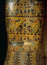 Detail of the exterior of a coffin,decorated with scenes from the Osirian and solar mythology