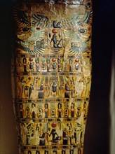 Detail of the exterior of a coffin, decorated with scenes from the Osirian and solar mythology