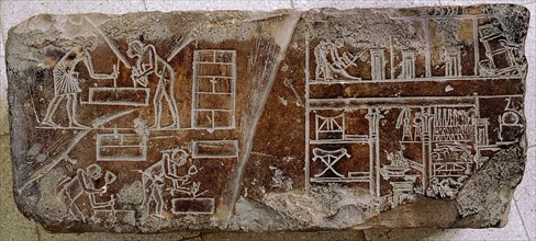 A relief fragment with a representation of stonemasons and other craftsmen at work and a cross section of a house