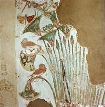 A detail of a painting in a private tomb depicting birds and butterflies in a papyrus thicket