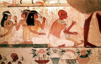 A detail of a painting from the tomb of Nakht depicting a blind harpist at a banquet