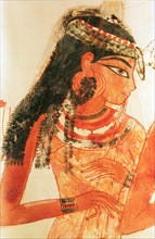 A detail of a painting from the tomb of Nakht depicting three female musicians
