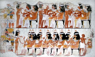 Two registers of a wall painting from the tomb of Nebamun depicting guests at a banquet