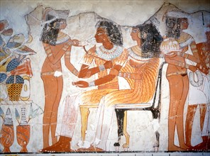 A detail of a wall painting from the tomb of Nebamun depicting women guests at a banquet