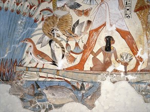 A detail of a painting from the tomb of Nebamun showing him standing on a reed boat hunting birds in the papyrus marshes using throwsticks and three decoy herons