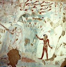 Detail of a tomb painting showing gathering of papyrus and lotus