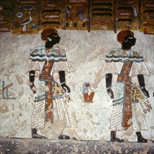 A detail of a wall in the tomb of Ramesses III painted with scenes from the Book of Gates