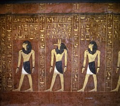 A detail of the hieroglyphic inscriptions and images of the pharaoh with Anubis, god of mummification on the sarcophagus of Tuthmosis IV