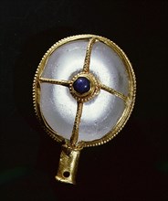 Rare Anglo Saxon aestel or manuscript pointer, a sphere of rock crystal in cruciform gold mount