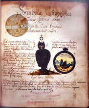 Manuscript page with depiction of the owl and the symbol of antimony