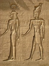Reliefs on the outer back walls of the temple complex depicting a pharaoh and the goddess Isis