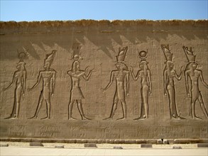 Reliefs on the outer back walls of the temple complex depicting a procession of gods and goddesses including Horus (with the falcon head) and Isis