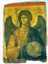 An icon with the image of the Archangel St Michael holding a staff and a globe surmounted by the Cross