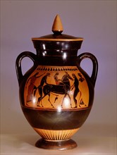 Black painted Athenian amphora with scene from the cult of Dionysus