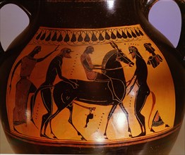 Detail of the black figured Athenian amphora with the scene from the cult of Dionysus