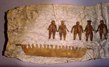 Picture made from seal gut skin with sewn on male and female figures with a umiaq (womens boat)