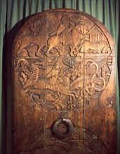 Upper roundel of the carved church door from the Valthyofsstadir