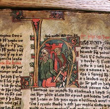 Illumination from the Icelandic manuscript Flateyjarbok which showsKing Harold Fine Hair cutting the fetters from the giant Dofri who was to become his foster father in folklore