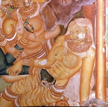 A scene from a wall painting in the Rajahs palace, Cochin, which illustrates scenes from the Ramayana