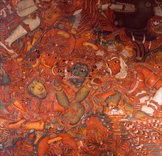 Detail of a wall painting in the Rajahs palace, Cochin, which illustrates scenes from the Ramayana