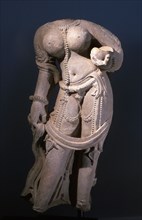 Statue of a voluptuous female deity, standing in tribhanga, the three bend pose which suggests a sensuous liveliness and maternal energy