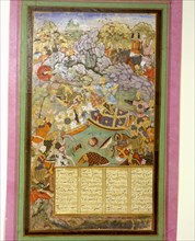 Miniature painting depicting Tambal attacking his cousin Babur, while their armies battle in a rocky landscape