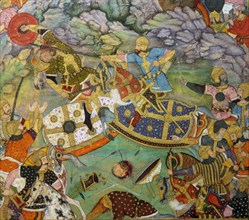 Miniature painting depicting Tambal attacking his cousin Babur, while their armies battle in a rocky landscape