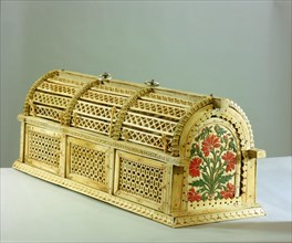 Openwork ivory bird cage with painted relief of flowering plants