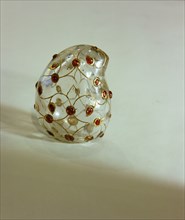 Rock crystal lime box in the shape of a mango, set with rubies inlaid in gold