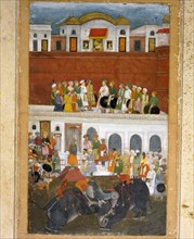 Miniature painting depicting Shah Jahan at the jharoha window in the Red Fort at Agra, while below courtiers watch an elephant fight
