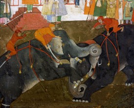 Miniature painting depicting Shah Jahan at the jharoha window in the Red Fort at Agra, while below courtiers watch an elephant fight