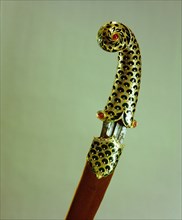 Dagger (khanjar), enamelled gold hilt with lotus leaf and flower motif, set with rubies
