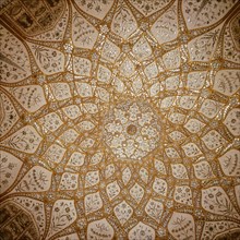 A decorated ceiling in the palace fortress of Amber, the ancient capital of Jaipur state, Rajasthan