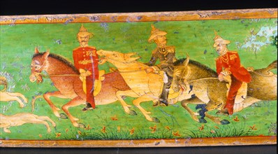 Indian writing set with painted cover depicting Colonel Younghusband on horseback, accompanied by a staff officer and interpreter