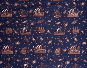 A batik with a design of steamships and sea creatures