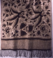 Detail of a silk batik slendang (shawl) with a design of birds and flowers in a pattern known as Morning Freshness used for slendang intended as wedding gifts