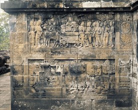 The reliefs on the terraces of Borobudur depict scenes from the life of Buddha
