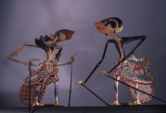 A pair of wayang kulit shadow puppet used in popular all night performances, usually based on ancient Hindu epics such as the Ramayana