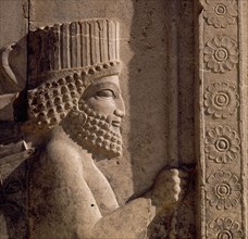 A detail of a relief carving on the staircase leading to the Tripylon at Persepolis, depicting a Persian