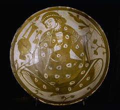 Pottery fragment with depiction of a young courtier holding a glass and a branch, with a ewer at his right