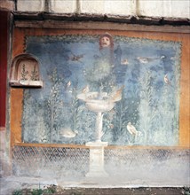 Fresco from the House of the Venus Marina showing birds drinking from a marble bowl on a pedestal
